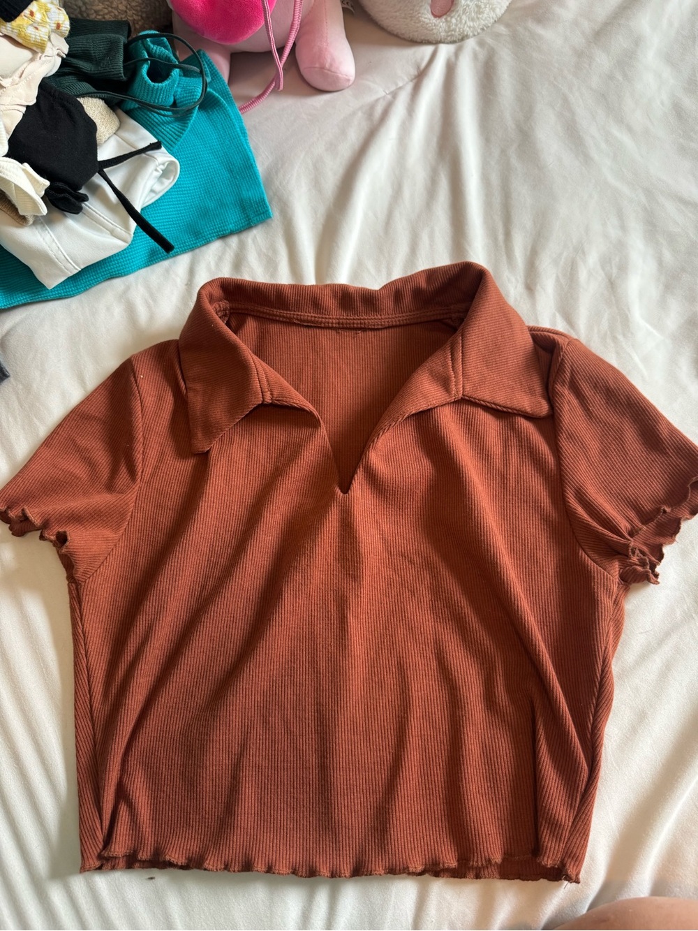 Ribbed Collared V-Neck Crop Top - Rust